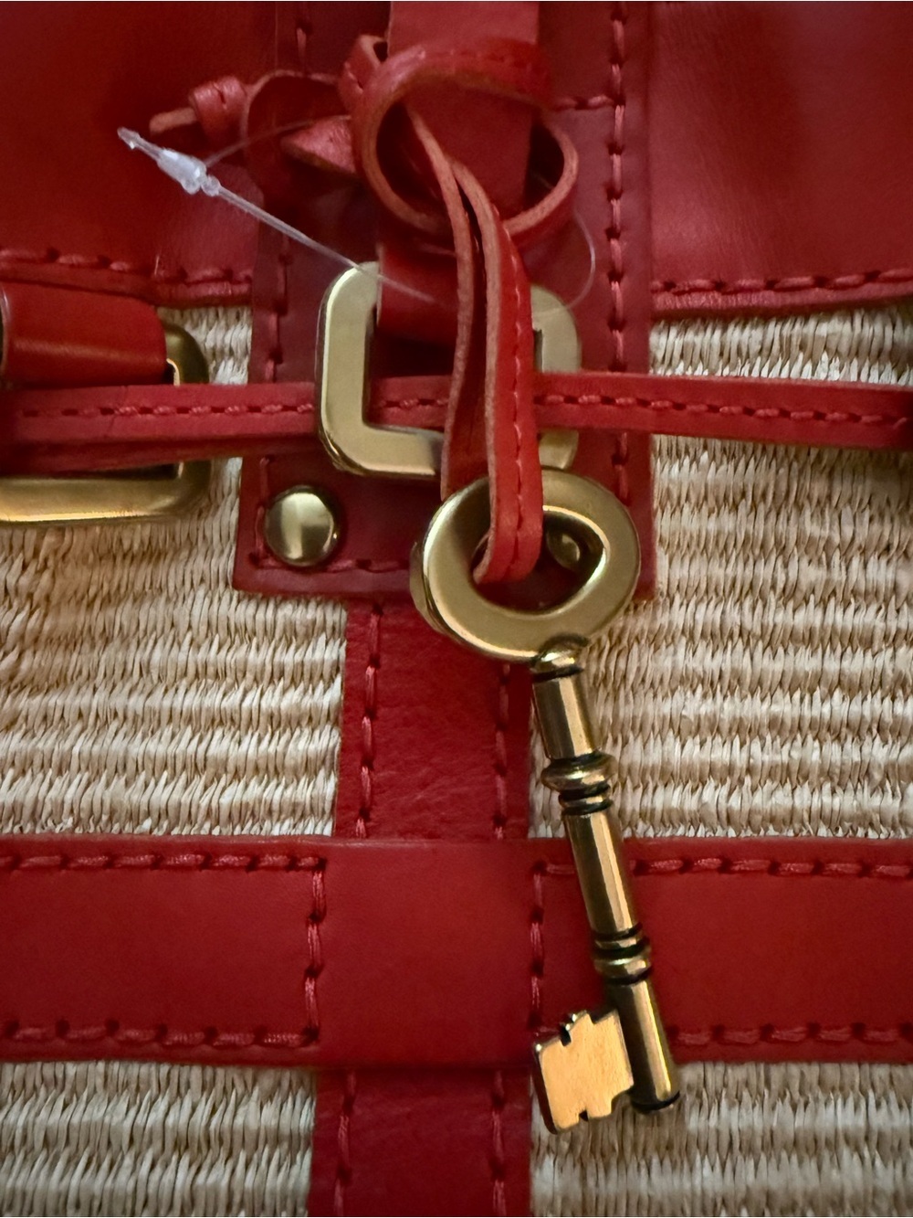 Fossil Fifty Four Red Leather Straw Oversized Tote Bag Woven Coastal Resort NWOT - Picture 8 of 8